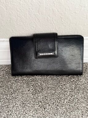 Fossil Black Leather Snap Wallet with Metal Logo